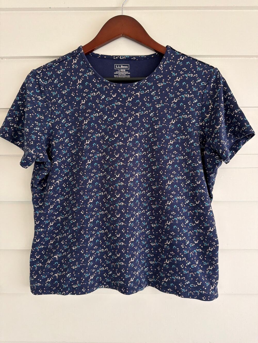 Vintage L.L.Bean Floral Tee Blue Cotton Scoop Neck Cottagecore Prairie Boho L